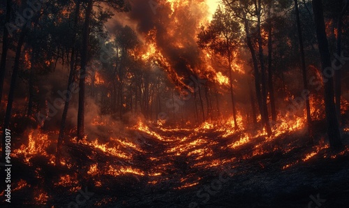 Flames engulfing trees in a forest, the fire spreading rapidly through the dry underbrush