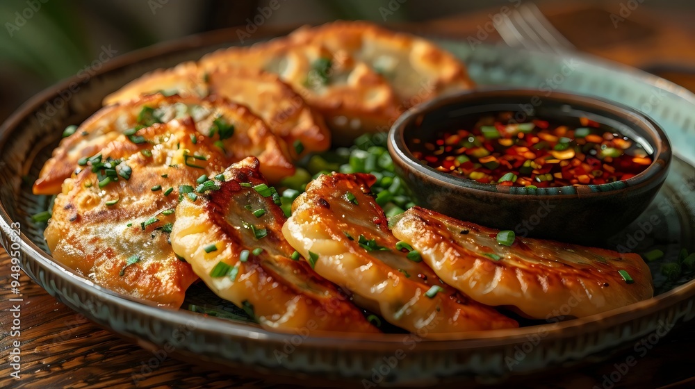 A plate of dumplings with sauce and parsley A plate of dumplings with sauce and parsley
