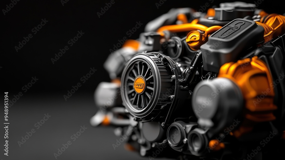 Detailed view of a high-performance car engine with metallic and orange accents, emphasizing advanced automotive technology. Detailed view of a high-performance car engine with metallic and orange accents, emphasizing advanced automotive technology.