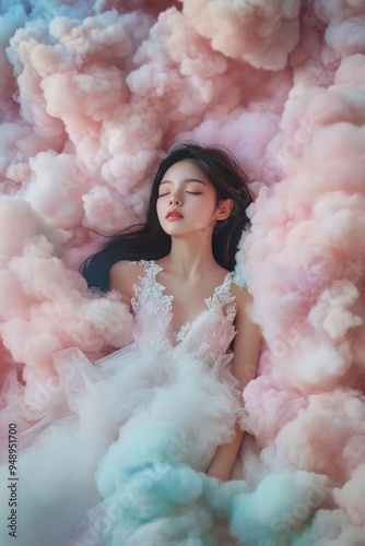 Dreamy Ethereal Portrait of a Young Woman in a Cloud of Pastel Colors