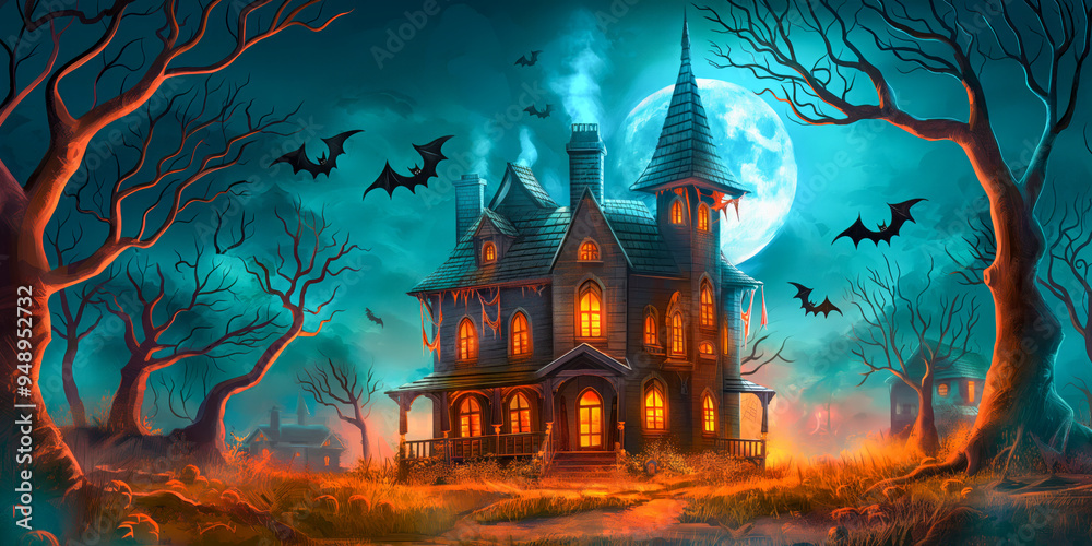 Spooky Haunted House with Bats, Glowing Windows, Twisted Trees, and Eerie Atmosphere Under a Full Moon on Halloween Night Spooky Haunted House with Bats, Glowing Windows, Twisted Trees, and Eerie Atmosphere Under a Full Moon on Halloween Night