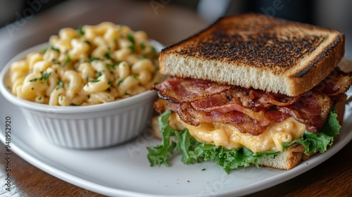 A sandwich with bacon, lettuce and tomato and a bowl of macaroni and cheese photo