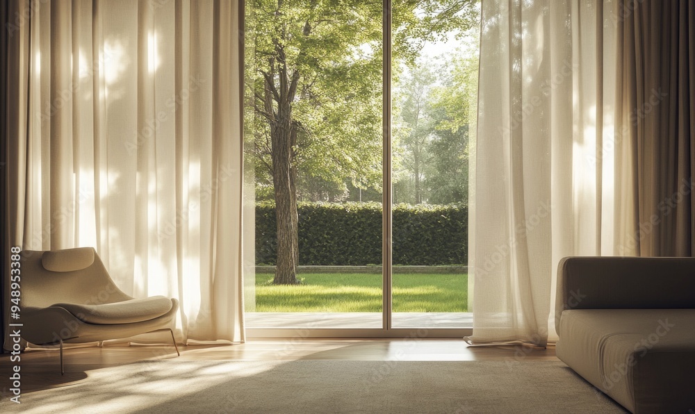 Minimalist guest room, window with neutral curtains Minimalist guest room, window with neutral curtains