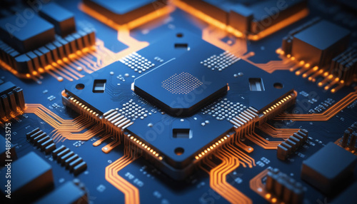 Puce lumineuse informatique moderne composants ordinateur pc circuit imprimé carte mère.