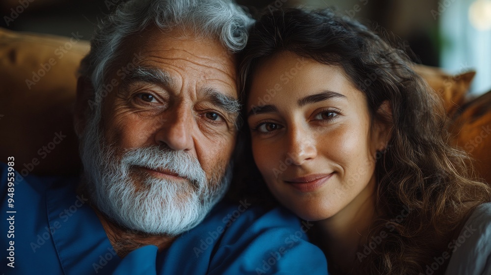 Senior man with a white beard and a young woman pose cheek to cheek, exuding love and care. Their bond showcases family togetherness and generations united in happiness Senior man with a white beard and a young woman pose cheek to cheek, exuding love and care. Their bond showcases family togetherness and generations united in happiness