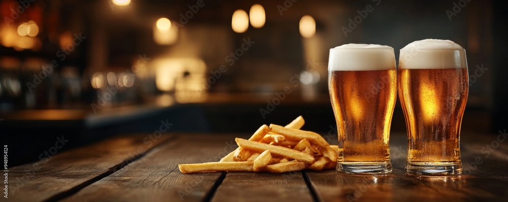 Two beers with creamy foam and fries on a wooden bar. Perfect for a fun night out with friends. Celebrate good times with cold drinks and tasty snacks. Cheers! Two beers with creamy foam and fries on a wooden bar. Perfect for a fun night out with friends. Celebrate good times with cold drinks and tasty snacks. Cheers!