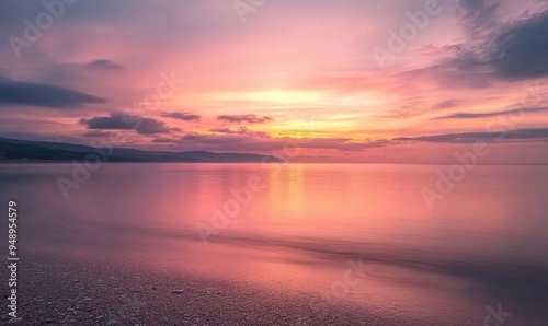 Pink and orange sunset, calm water stretching out to the horizon