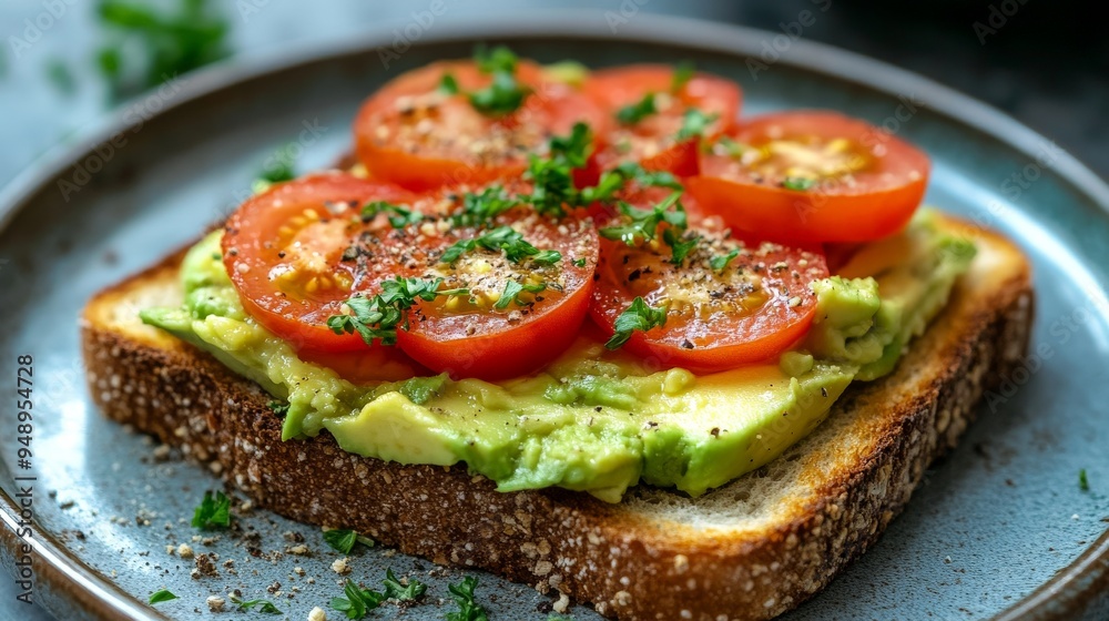 A slice of toasted sour dough bread with avocado and tomato on top A slice of toasted sour dough bread with avocado and tomato on top