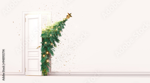 Christmas tree enters the door. Christmas is here concept on white background with copy space. 3D Rendering, 3D Illustration