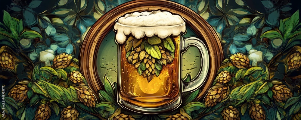 Refreshing glass of cold beer with foam and hops, inside a wooden frame and surrounded by hop plants, perfect for a brewery or beer advertisement Refreshing glass of cold beer with foam and hops, inside a wooden frame and surrounded by hop plants, perfect for a brewery or beer advertisement