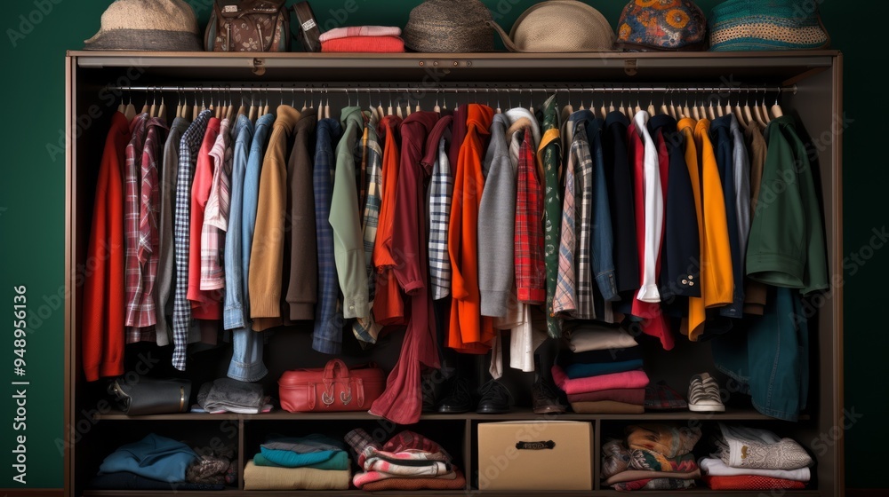 Front view of modern and large wardrobe in dressing room with fashionable woman clothes wear. Neural network ai generated art Front view of modern and large wardrobe in dressing room with fashionable woman clothes wear. Neural network ai generated art