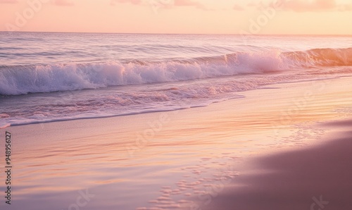 A beautiful beach with a pink and orange sunset in the background