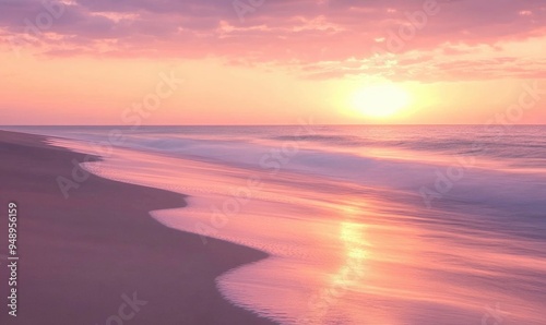 A beautiful beach with a pink and orange sunset in the background