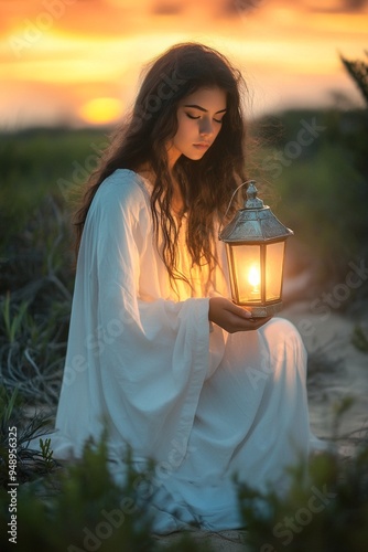 Enchanting Woman in White Holding Lantern at Sunset - Ethereal Light and Nature