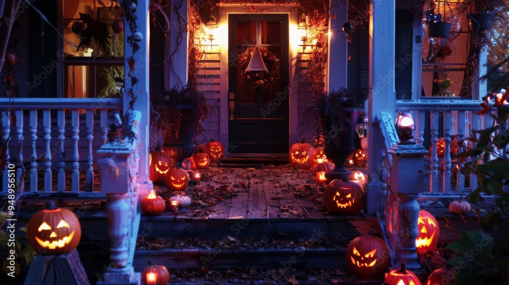 Obraz premium Spooky Halloween Front Porch Decor: Pumpkins, Witches, and Glowing Lanterns for a Night of Creepy Seasonal Celebration