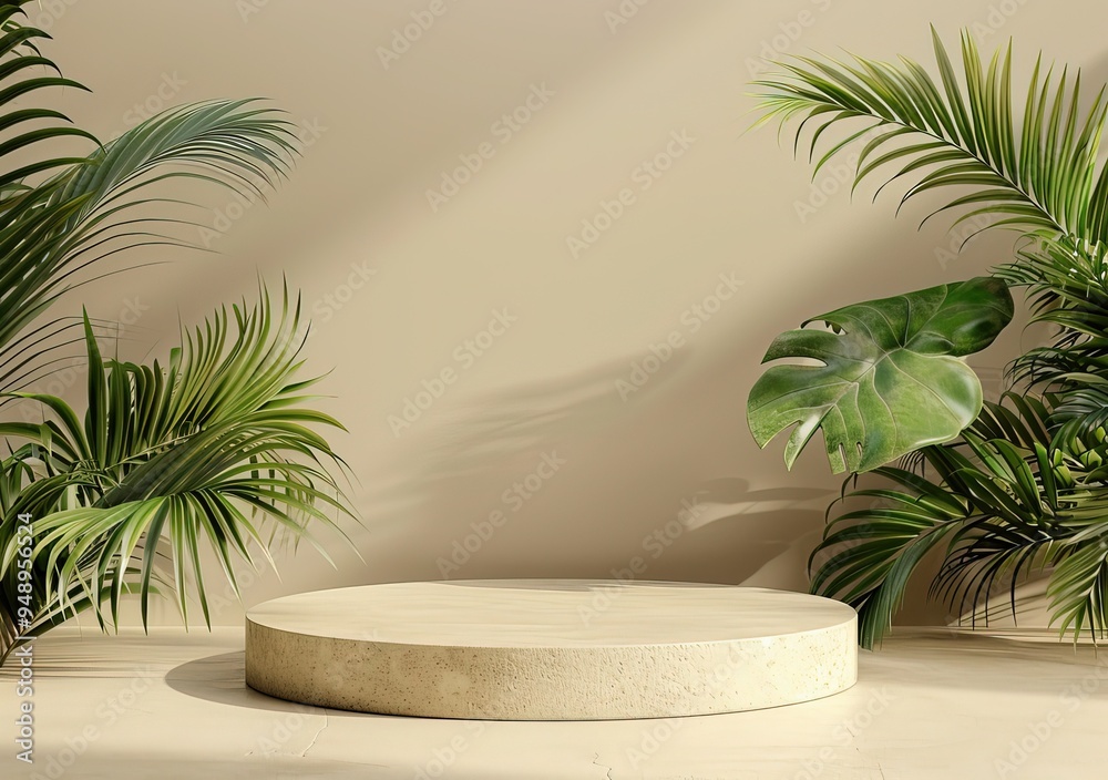 Boho Style Podium Mockup Template with Plants, Stones, and Leaves on Beige Background, Minimalistic Modern Design for Product Presentation with Large Top Inscription
