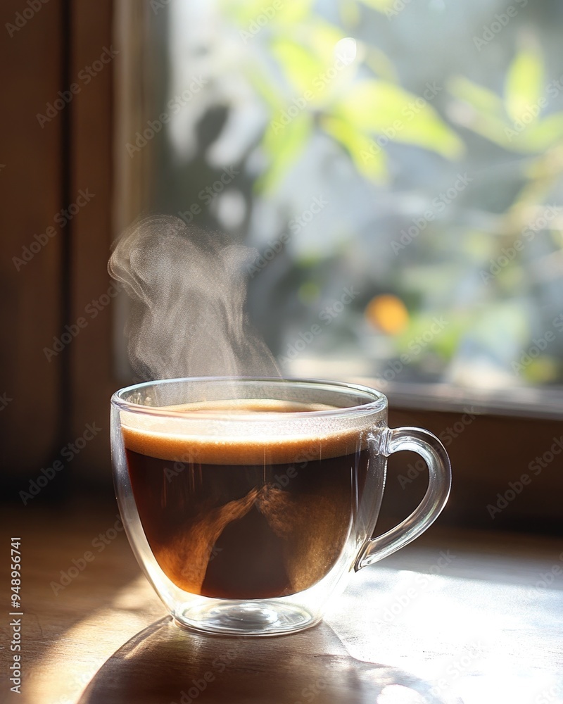 Steaming coffee in a glass cup, rich brown hues Steaming coffee in a glass cup, rich brown hues