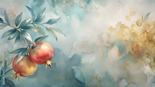 Watercolor image of a pomegranate tree branch laden with fruit, symbolizing growth and prosperity, in muted teal and gold with soft brush textures