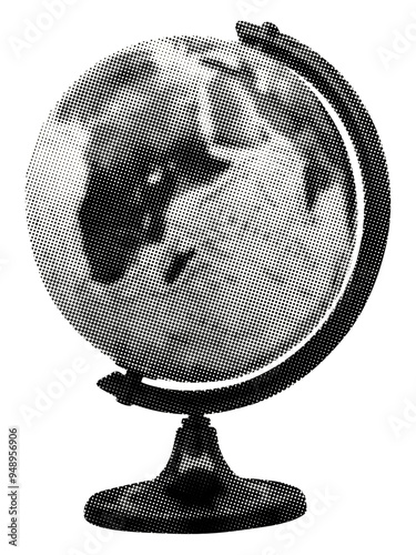 world globe with black stand isolated earth geography retro halftone collage element education travel global business or environmental awareness themes mixed media design