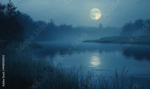 Still river reflecting the glowing moon, tall grass lining the banks