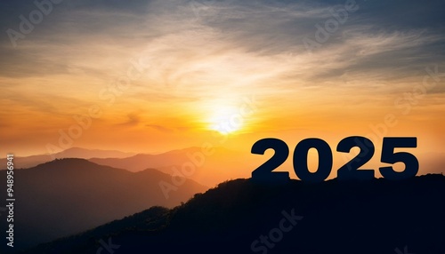 Silhouette of number 2025 on mountain, Happy New Year celebration shiny design. Mountain Top and Beginning of New Year 2025. black silhouette of mountains and 2025 year, in morning during sunrise
