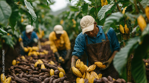 Chocolate cacao farm, cocoa plantation in asia, with farmers harvesting cacao pods from the tree photo