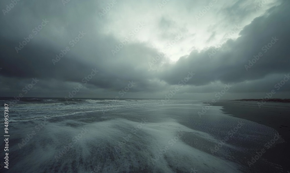 Obraz premium Thick, gray clouds moving slowly across the sky, casting shadows over a deserted beach