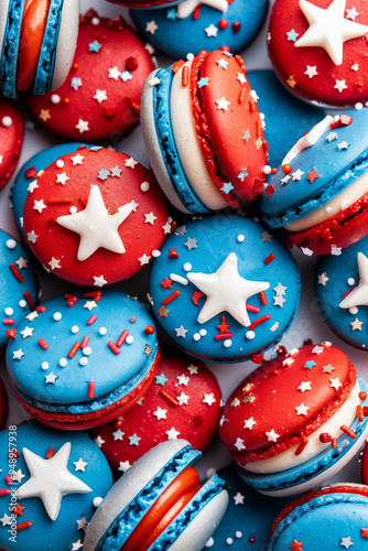 A stack of macarons decorated with sprinkles and stars in red, white, and blue colours of American flag photo