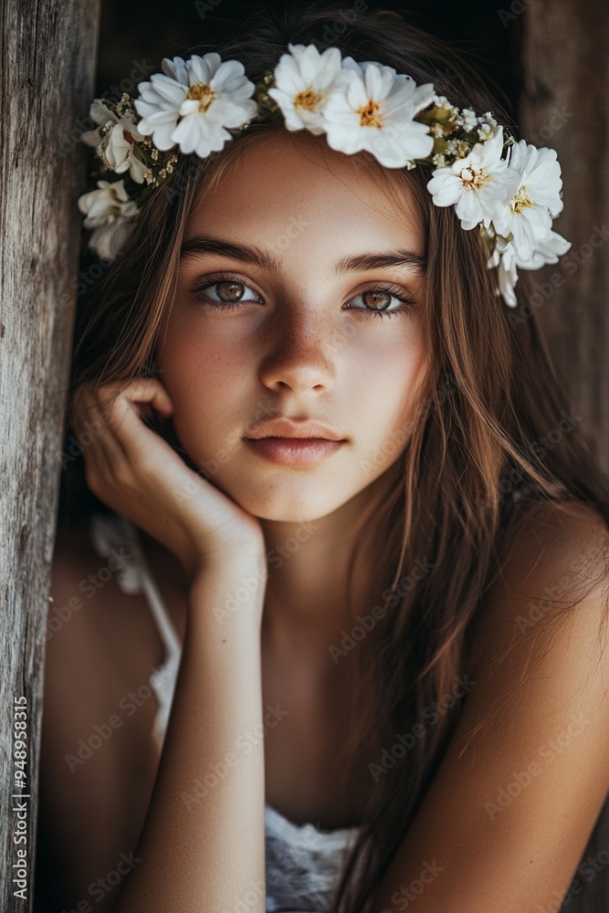Naklejka premium Natural Beauty Portrait with Floral Crown: Ethereal Young Woman in Soft Light