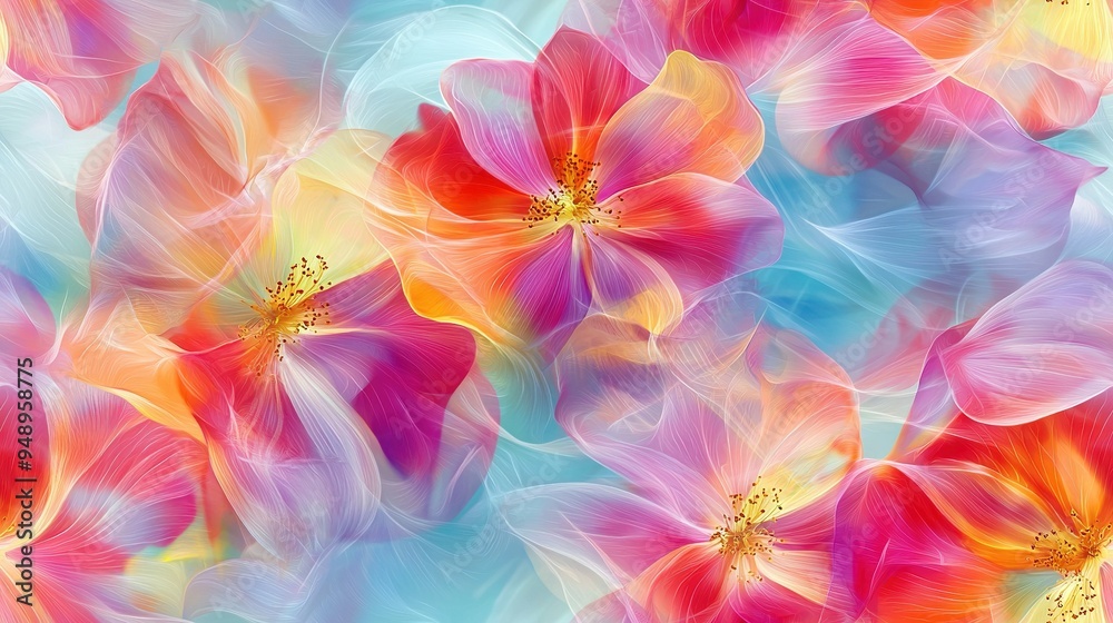 A painting depicting an array of vibrant blossoms against a gradient backdrop of azure and magenta, with a sunny, golden focal point at its center A painting depicting an array of vibrant blossoms against a gradient backdrop of azure and magenta, with a sunny, golden focal point at its center