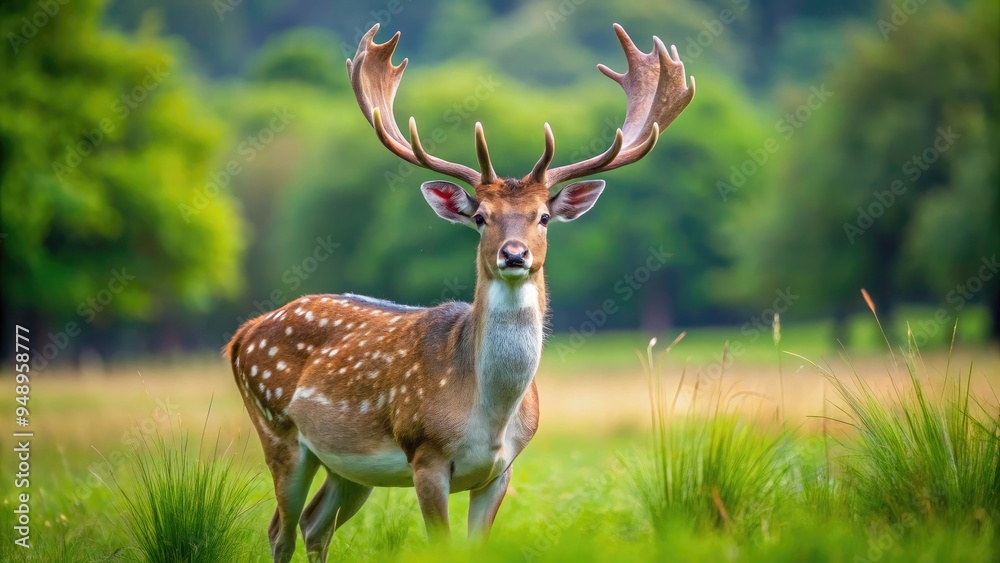 A majestic fallow deer buck with impressive palmate antlers stands proudly in a lush green meadow, showcasing its striking coat and powerful physique.