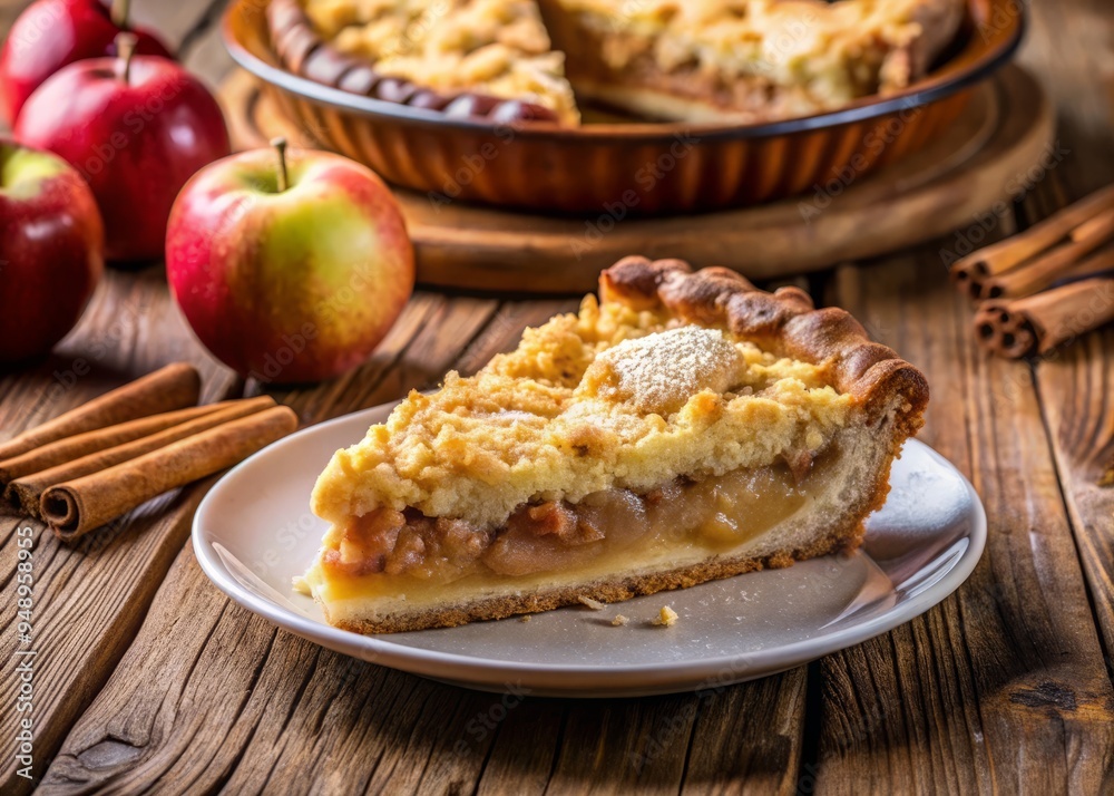 Juicy slice of freshly baked apple pie with crumbly crust, caramelized apples, and hint of cinnamon, set against a Juicy slice of freshly baked apple pie with crumbly crust, caramelized apples, and hint of cinnamon, set against a