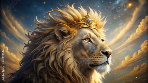 A majestic lion's regal profile, adorned with a radiant golden mane, gazes upward with an aura of strength, courage, and ancient biblical symbolism.