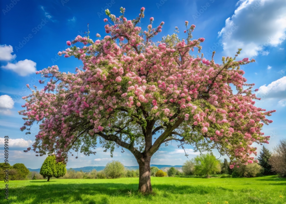 Lush green leaves and vibrant pink blossoms cover the gnarled branches of a mature apple tree, set against a soft, Lush green leaves and vibrant pink blossoms cover the gnarled branches of a mature apple tree, set against a soft,