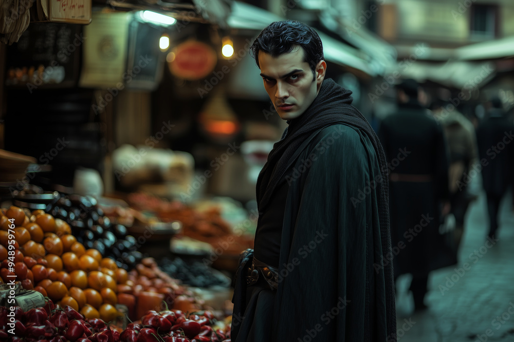A modern Dracula wandering the ancient market, captivated by the colorful fruits and the whispers of history around him A modern Dracula wandering the ancient market, captivated by the colorful fruits and the whispers of history around him