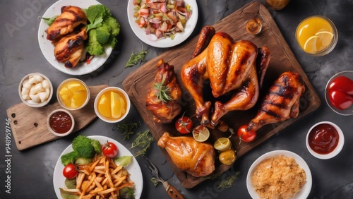 Wallpaper Mural Top view table full of delicious food composition Fresh grill bbq chicken Torontodigital.ca