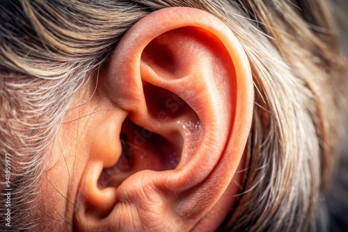 Macro shot of a human ear, showcasing intricate details of the auricle, ear canal, and eustachian tube, with soft, photo