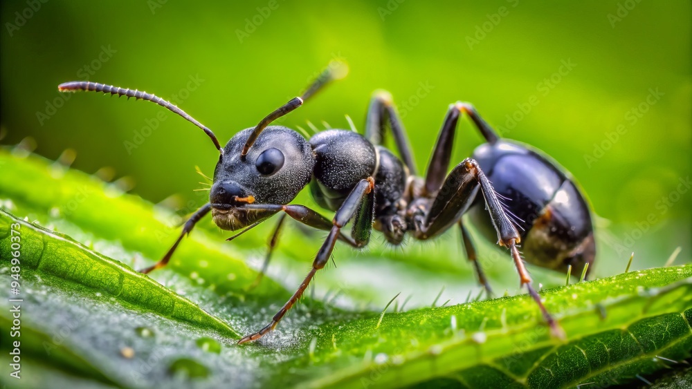 Macro view of a small, industrious ant's shiny black exoskeleton and busy antennae, set against a blurred green leafy Macro view of a small, industrious ant's shiny black exoskeleton and busy antennae, set against a blurred green leafy