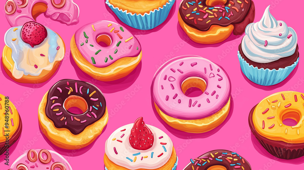 Bright pink donut seamless background pattern, cartoon style