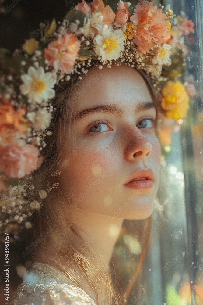 Enchanting Portrait of a Young Woman with Floral Crown and Soft Natural Light Enchanting Portrait of a Young Woman with Floral Crown and Soft Natural Light