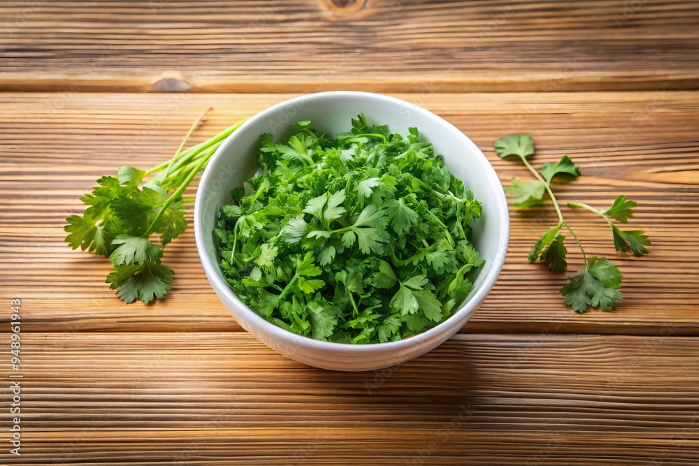 A bowl of green herbs sits on a wooden table A bowl of green herbs sits on a wooden table