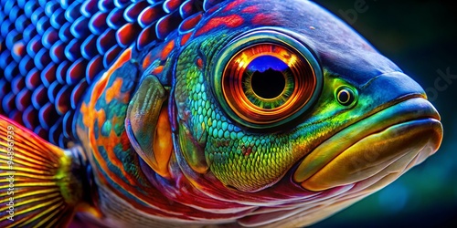 Microscopic fish gill structure in bold colors with sharp contrast to highlight macroscopic details aquatic life photo