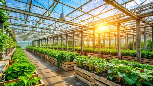 A modern, sustainable greenhouse farm with lush green crops and vines thriving under natural light, surrounded by tropical plants and rustic wooden frames.