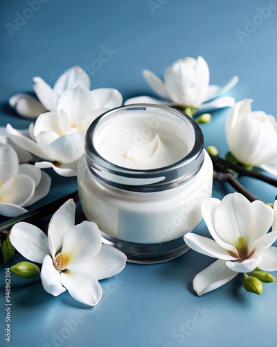 A jar of cream is placed on a blue background with flowers