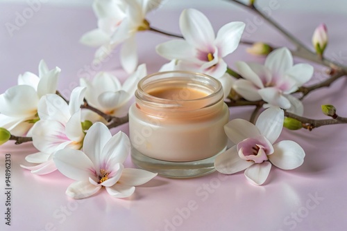 A jar of cream is placed on a pink background with flowers