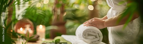 Relaxing spa setting with candles and fresh towels surrounded by lush greenery in a tranquil atmosphere. Wide web banner. photo