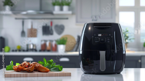 A sleek black air fryer sits on a modern kitchen countertop, perfectly crisping golden fries. photo