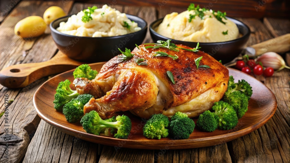 A mouthwatering close-up shot of a succulent roasted chicken dinner served with creamy mashed potatoes and steamed broccoli on a rustic wooden table. A mouthwatering close-up shot of a succulent roasted chicken dinner served with creamy mashed potatoes and steamed broccoli on a rustic wooden table.