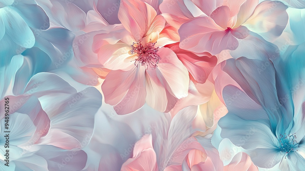 Close-up of white and blue background with pink and blue flowers centered Close-up of white and blue background with pink and blue flowers centered