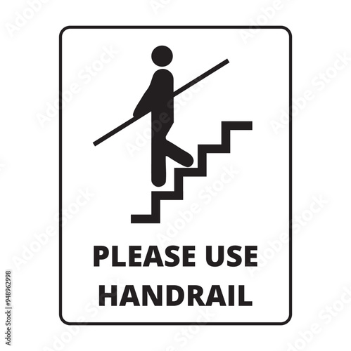 A stairway banner with please use handrail text on a white background
